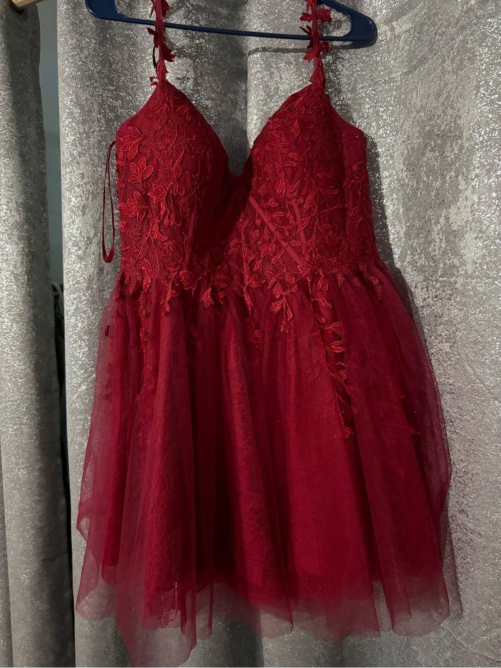 Red Lace Appliqué Maxi Dress with Tulle Skirt Great for Homecomings